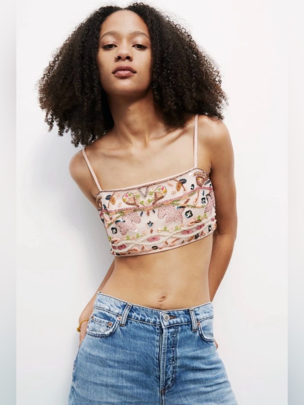 Zara Pink Embroidered BeadedSpaghetti-Strap Crop Top Sz S
